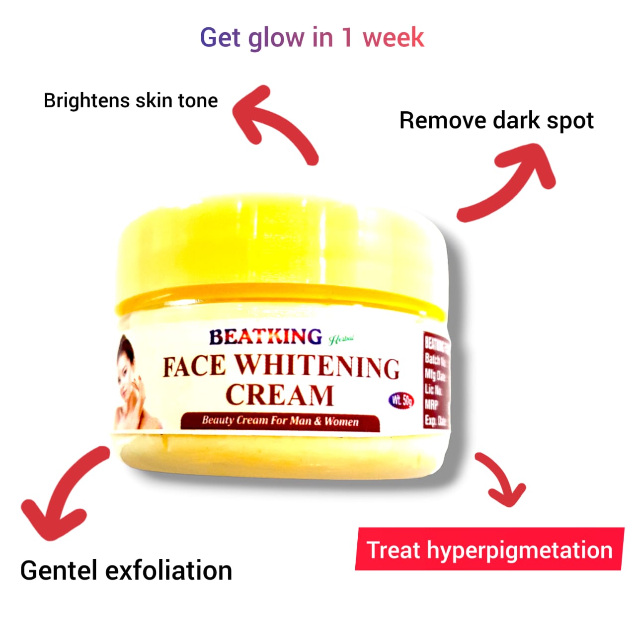 beatking face whitening cream, reduce dark spot and brightens skin tone 50g