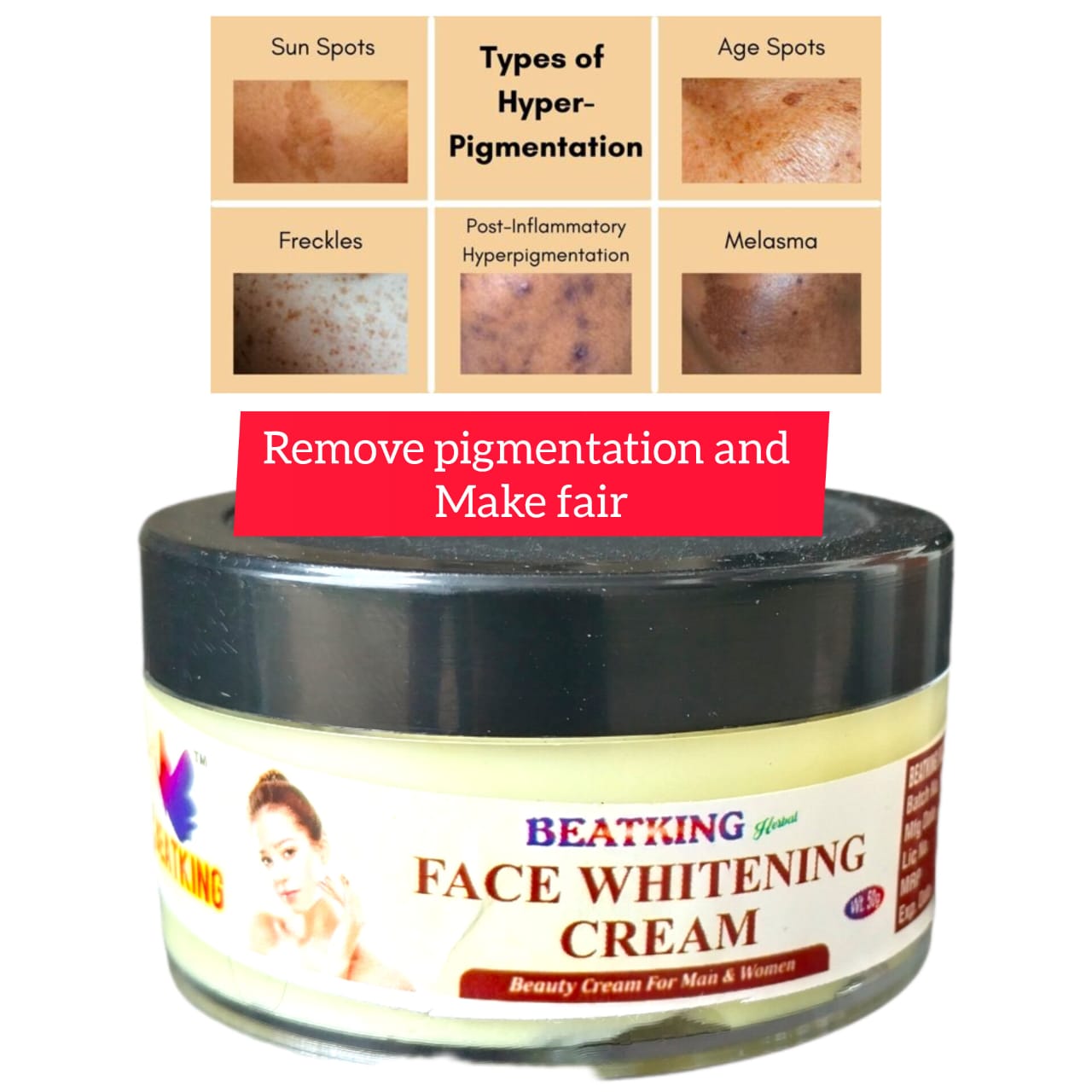 beatking face whitening cream, reduce dark spot and brightens skin tone 50g