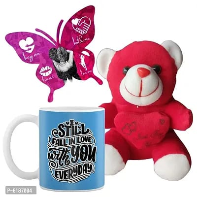 Valentine Combo of Teddy, Printed Mug and Greeting Card